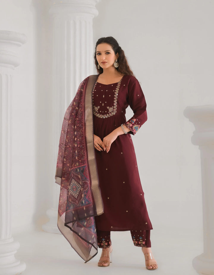Designer Brown Embroidered Salwar Kameez Set for Women