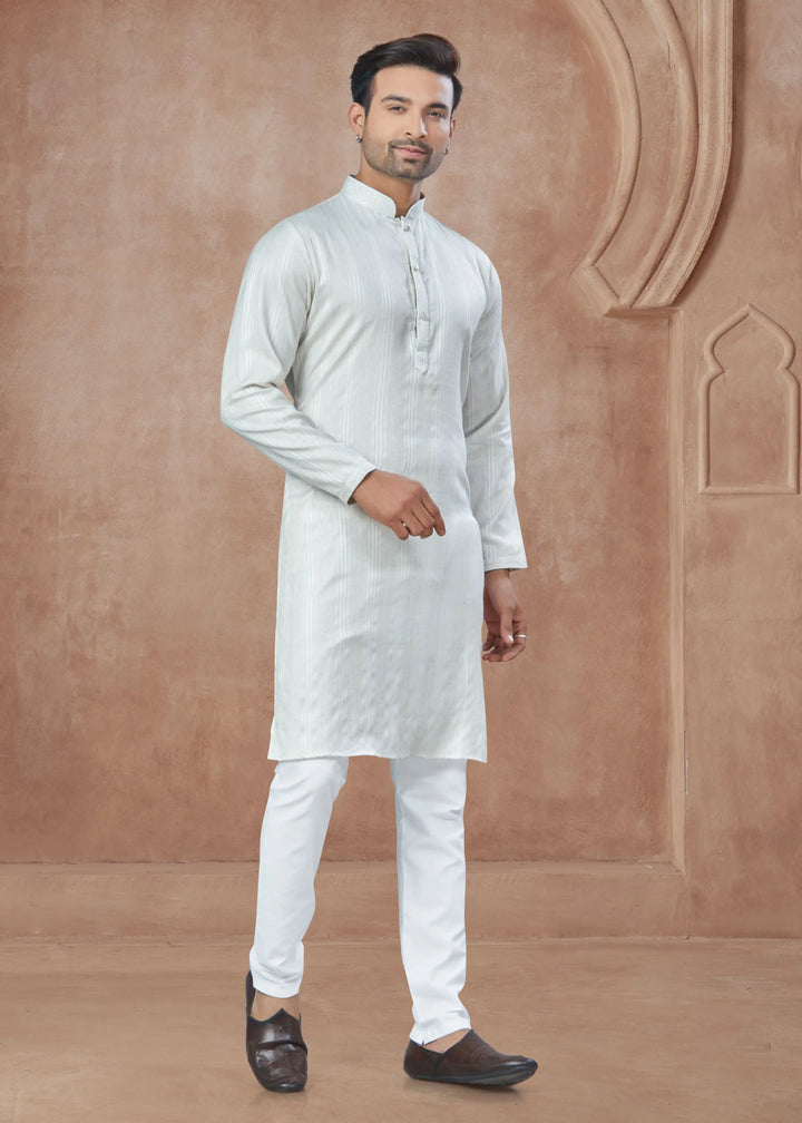 White Cotton Kurta Pajama for Men with Pintex Print Design