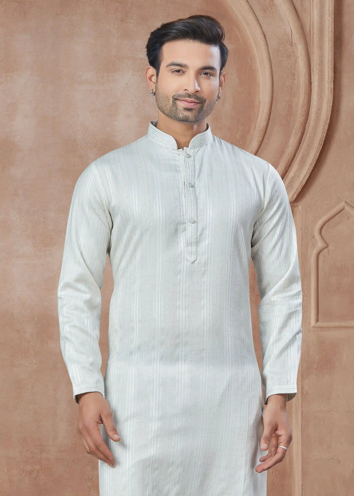White Cotton Kurta Pajama for Men with Pintex Print Design