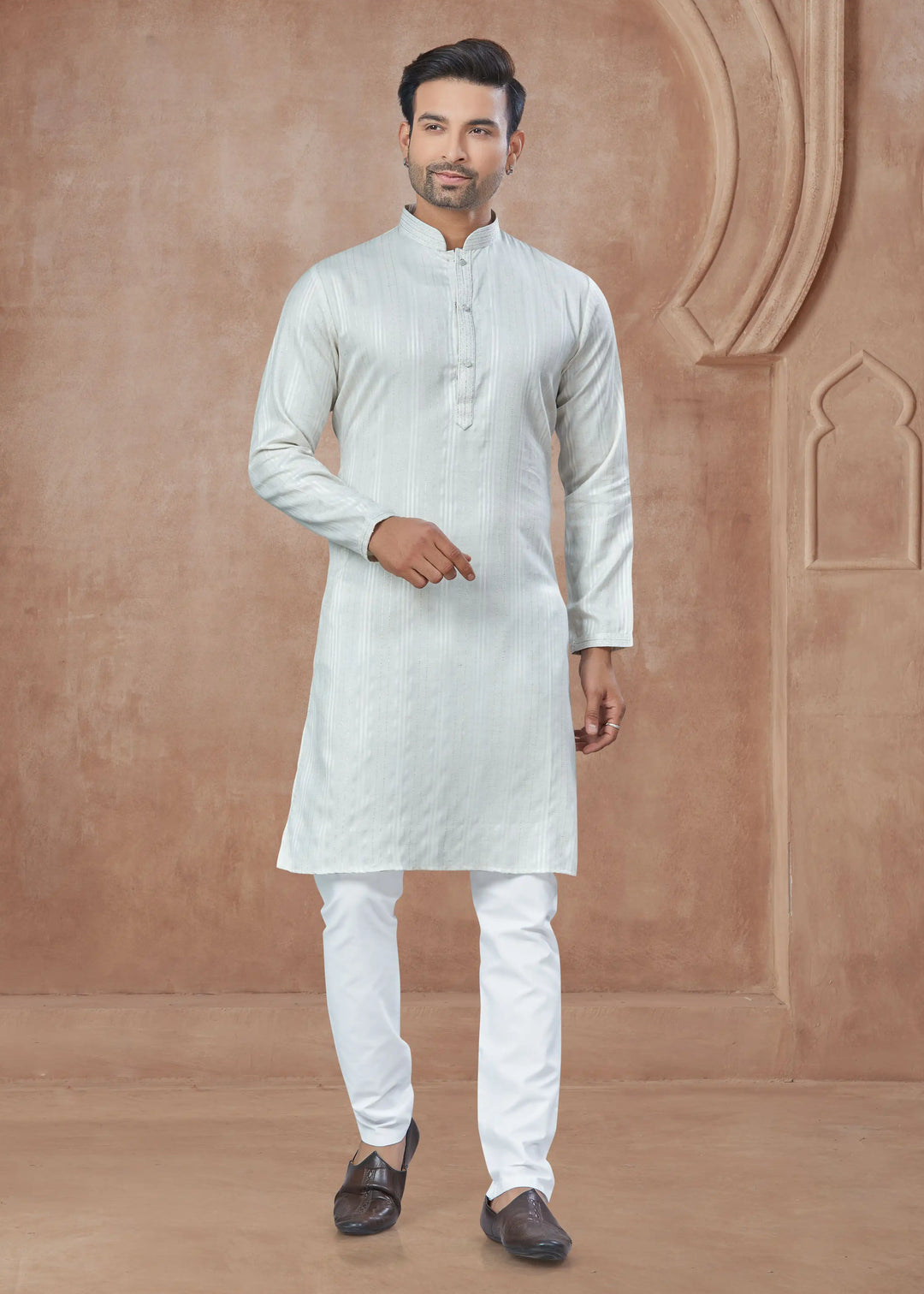 White Cotton Kurta Pajama for Men with Pintex Print Design