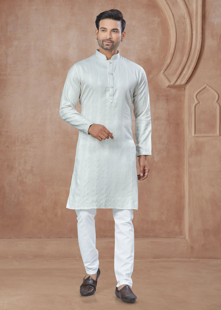 White Cotton Kurta Pajama for Men with Pintex Print Design