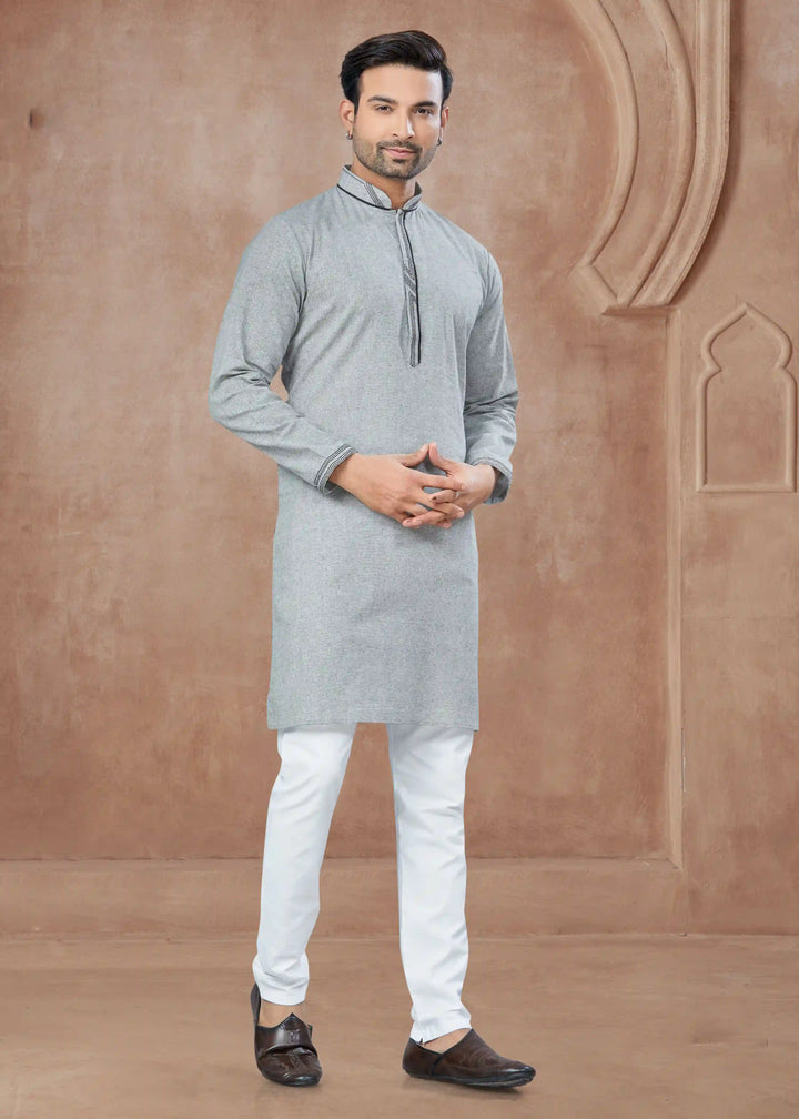 Gray Cotton Kurta Pajama for Men Printed Pintex Festive Wear