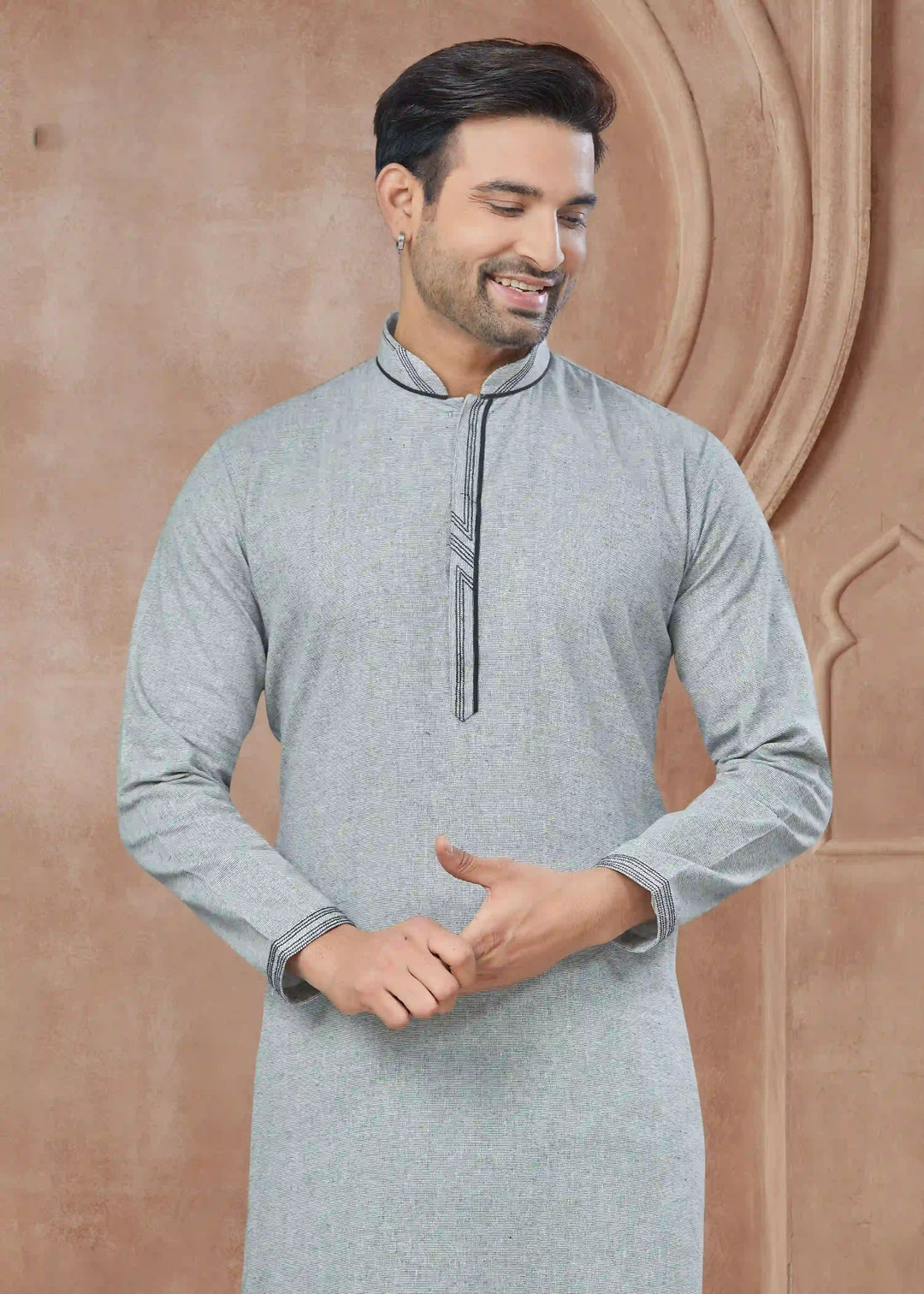 Gray Cotton Kurta Pajama for Men Printed Pintex Festive Wear