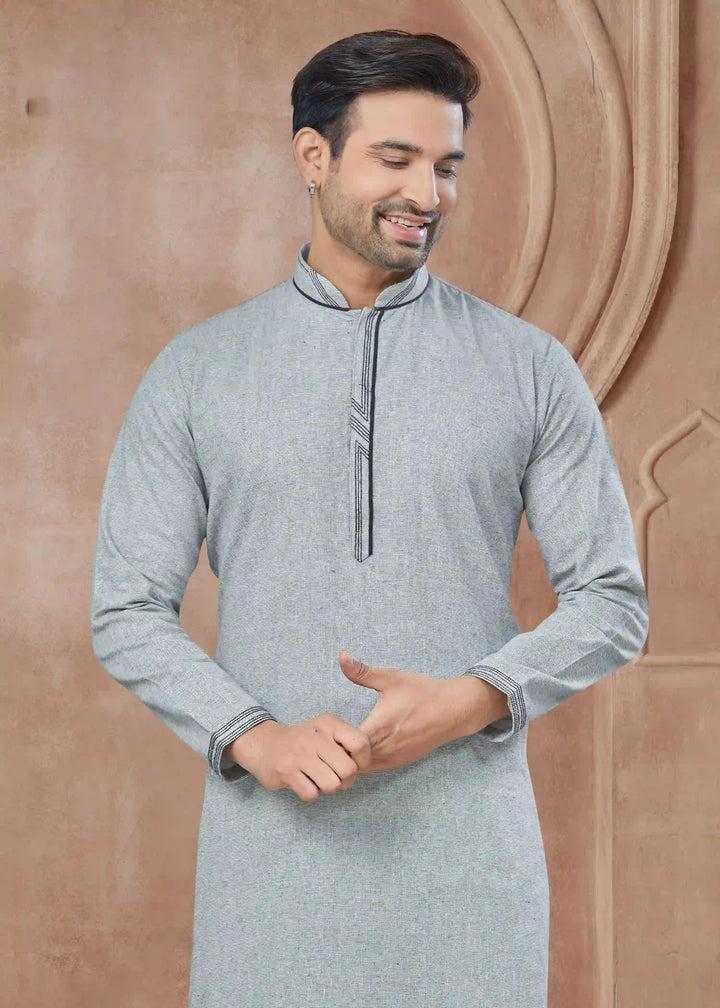 Gray Cotton Kurta Pajama for Men Printed Pintex Festive Wear