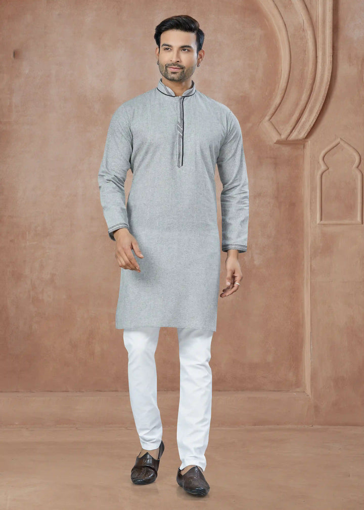 Gray Cotton Kurta Pajama for Men Printed Pintex Festive Wear
