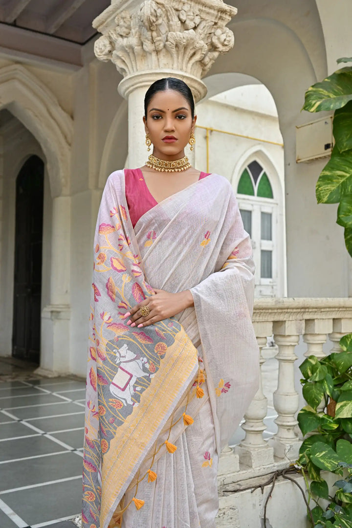 Muga Cotton Saree with Floral Weaving Designer Saree for Women