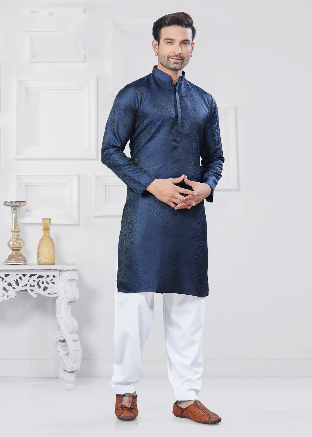 Festive Jacquard Silk Kurta Set with Pathani Pajama for Men