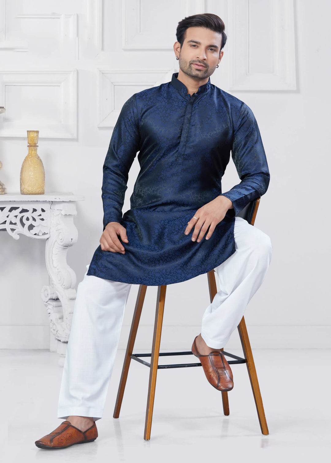 Festive Jacquard Silk Kurta Set with Pathani Pajama for Men