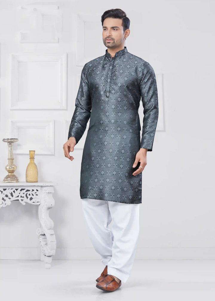 Stylish Gary Jacquard Kurta Set with Cotton Pajama for Men