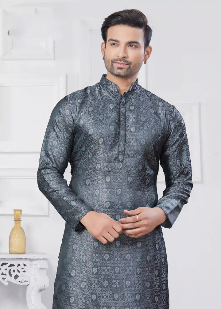 Stylish Gary Jacquard Kurta Set with Cotton Pajama for Men