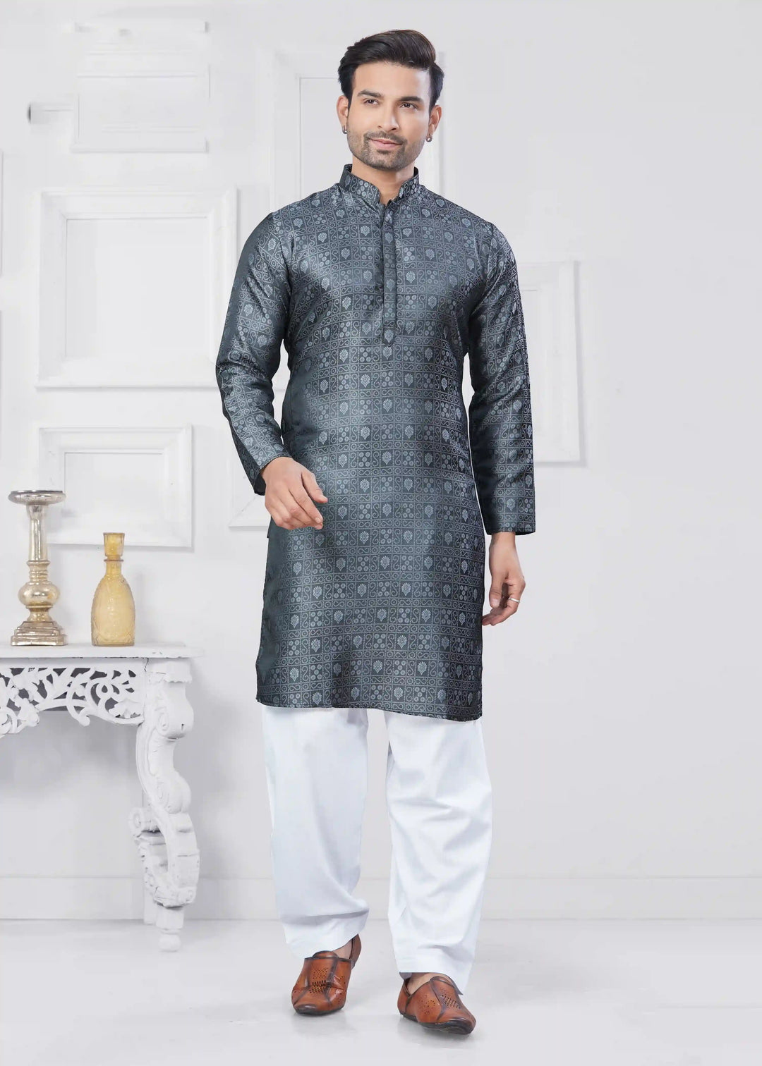 Stylish Gary Jacquard Kurta Set with Cotton Pajama for Men