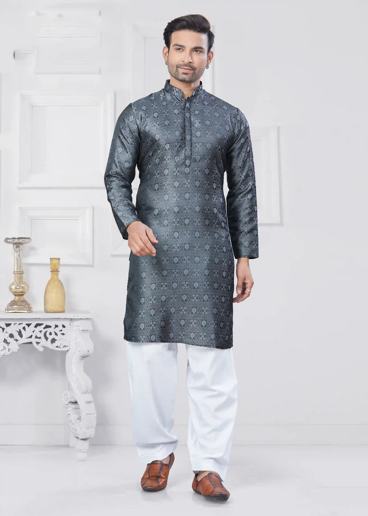 Stylish Gary Jacquard Kurta Set with Cotton Pajama for Men