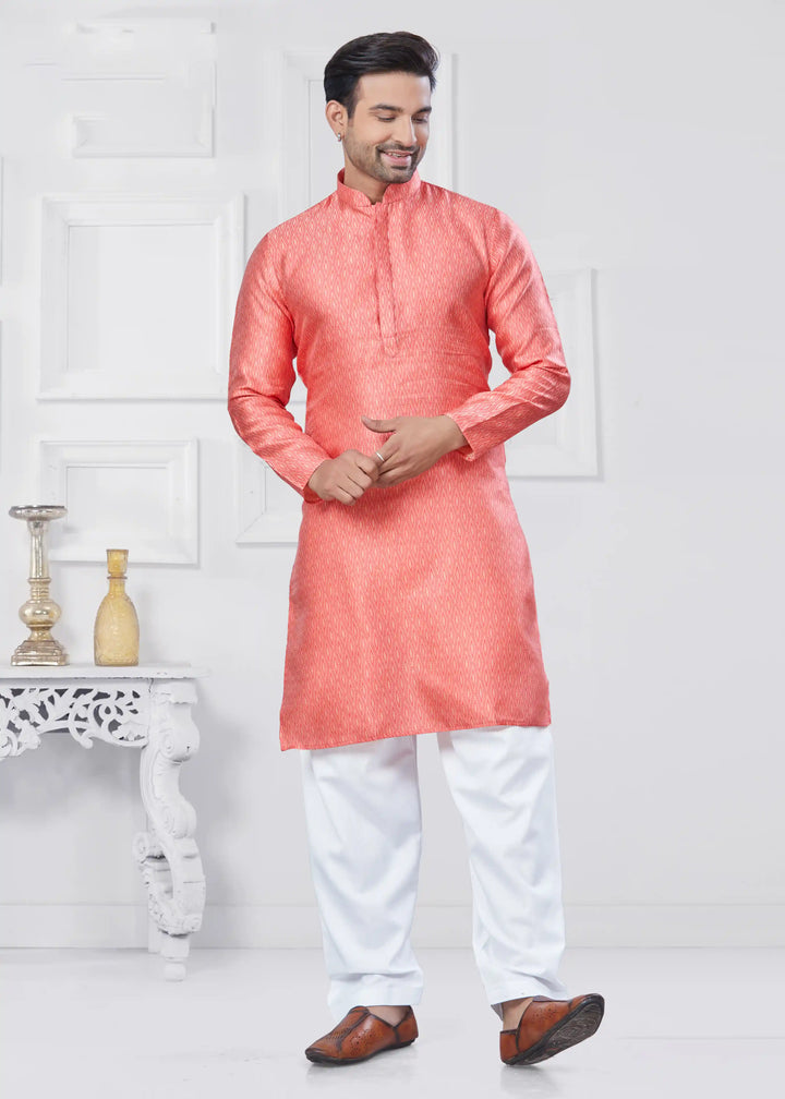Elegant Coral Pink Jacquard Kurta & Cotton Pathani Pajama for Men