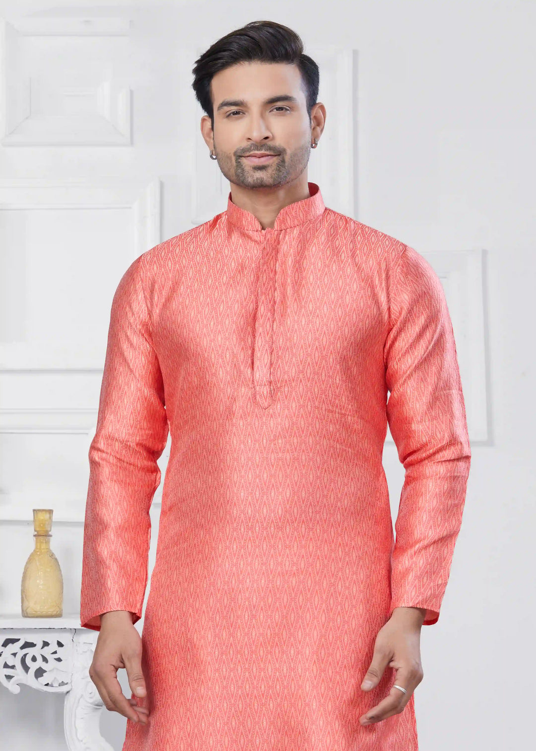Elegant Coral Pink Jacquard Kurta & Cotton Pathani Pajama for Men