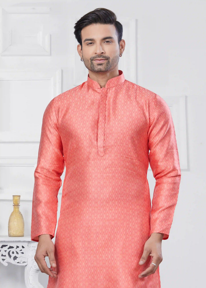 Elegant Coral Pink Jacquard Kurta & Cotton Pathani Pajama for Men