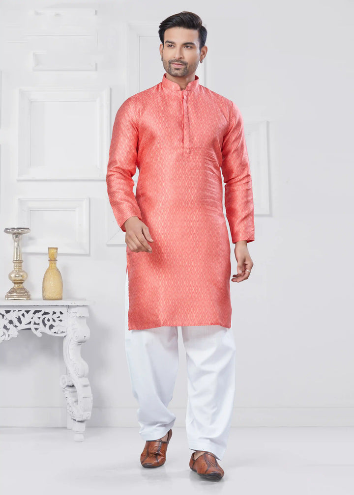 Elegant Coral Pink Jacquard Kurta & Cotton Pathani Pajama for Men