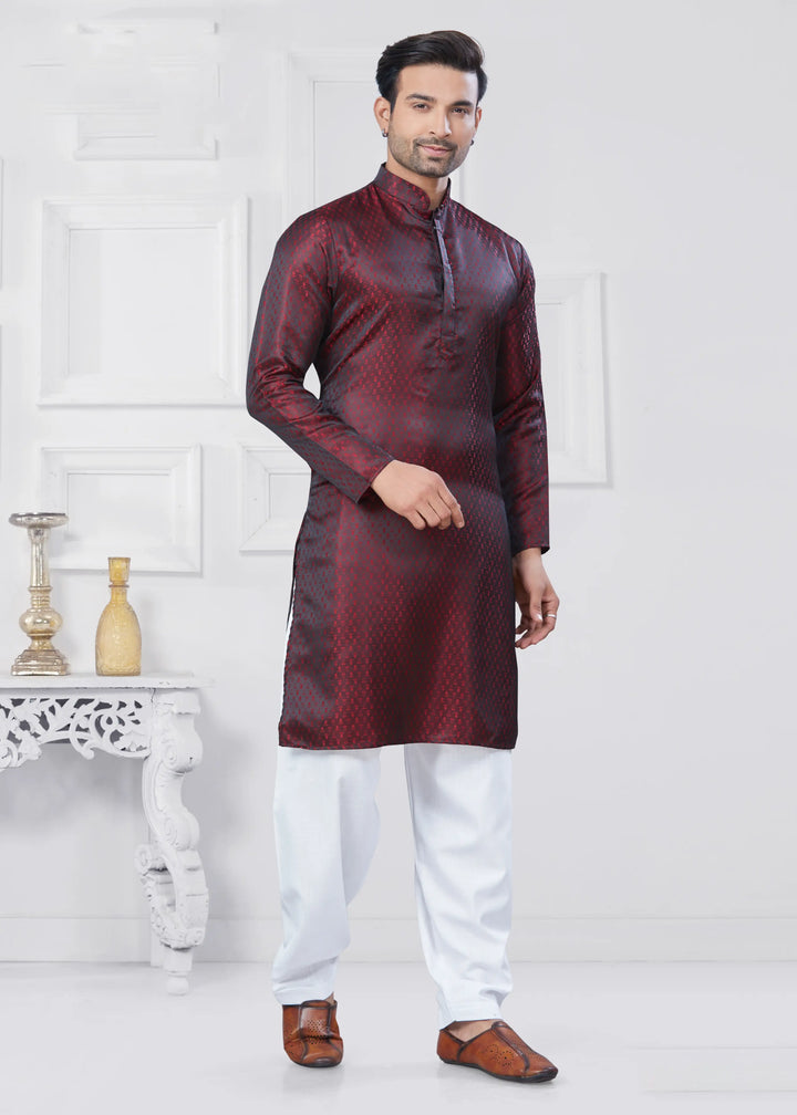 Jacquard Silk Kurta with Cotton Pathani Pajama for Men
