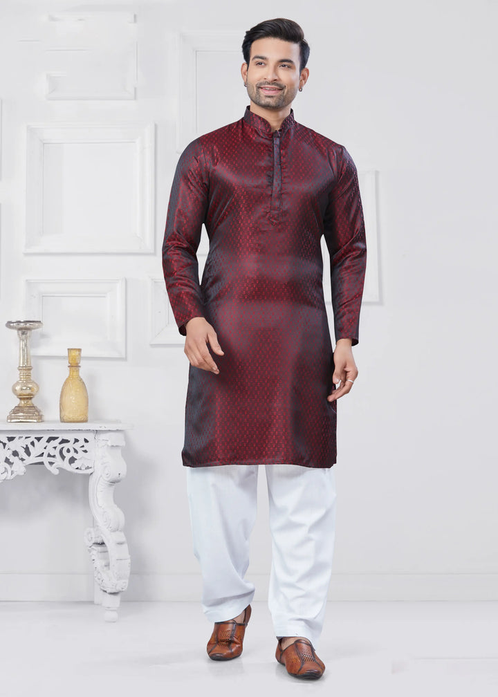 Jacquard Silk Kurta with Cotton Pathani Pajama for Men