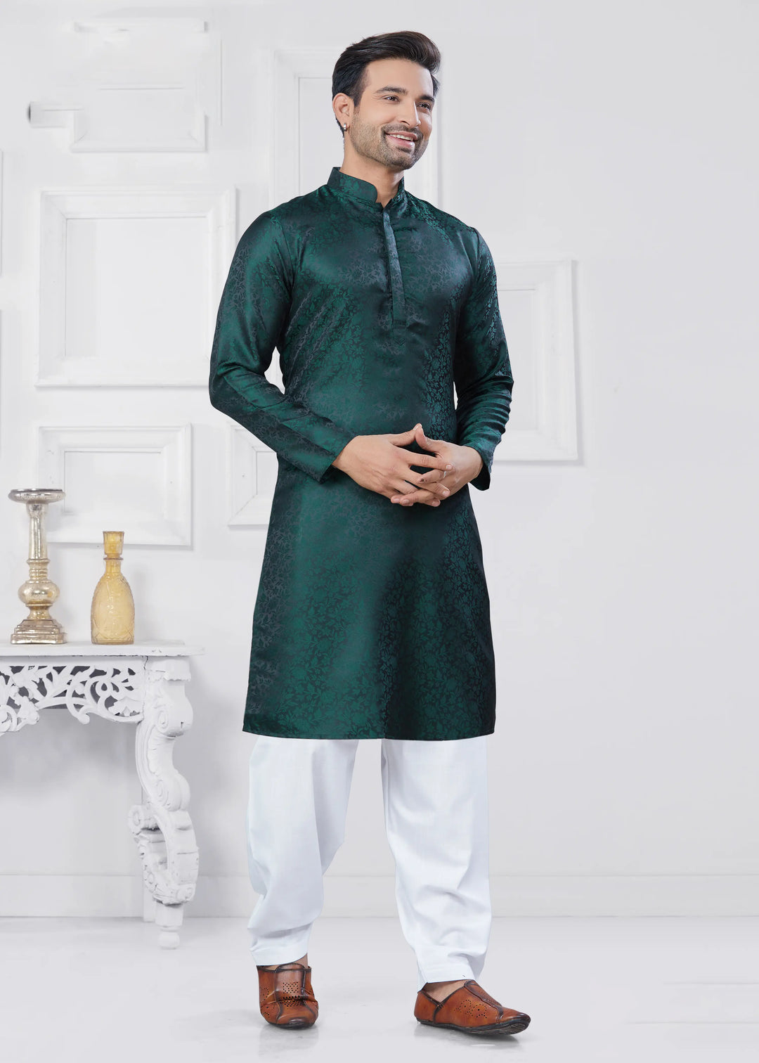 Festive Jacquard Silk Kurta Set with Pathani Pajama for Men