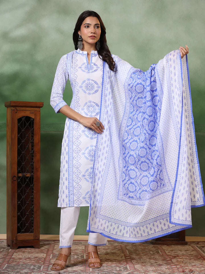White & Blue Viscose Suit with Chanderi Dupatta – Printed Style