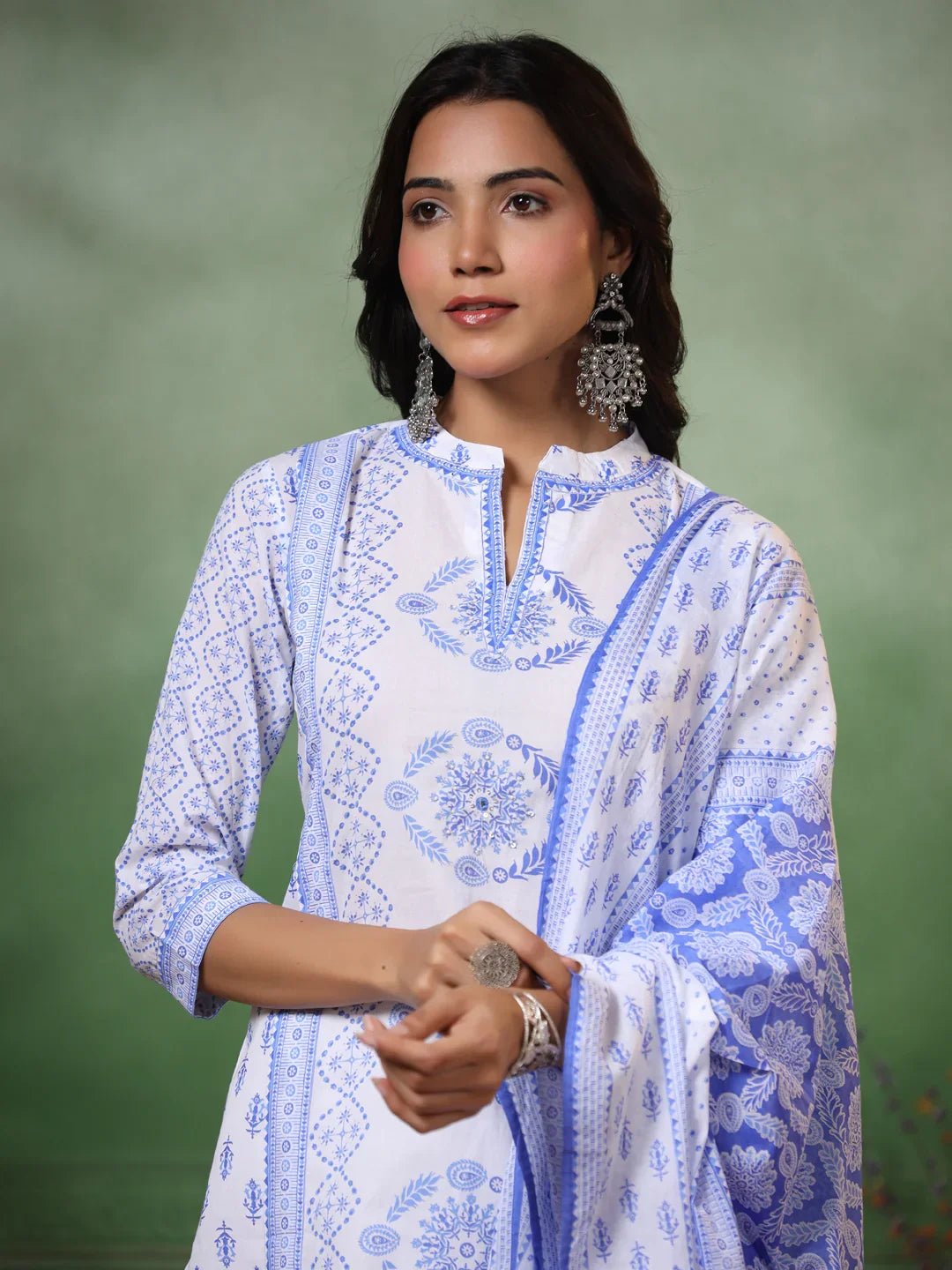 White & Blue Viscose Suit with Chanderi Dupatta – Printed Style
