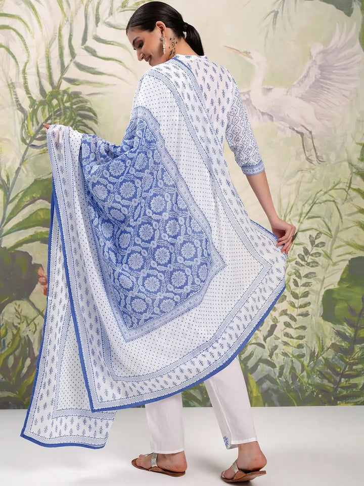 White & Blue Viscose Suit with Chanderi Dupatta – Printed Style