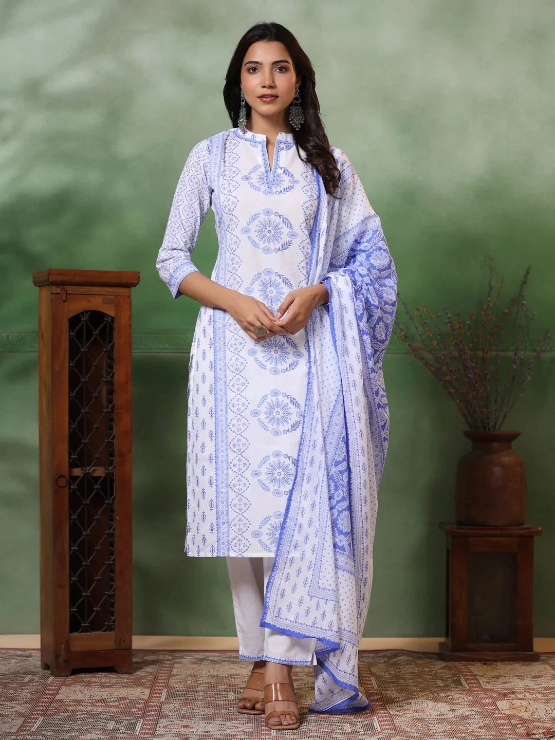 White & Blue Viscose Suit with Chanderi Dupatta – Printed Style