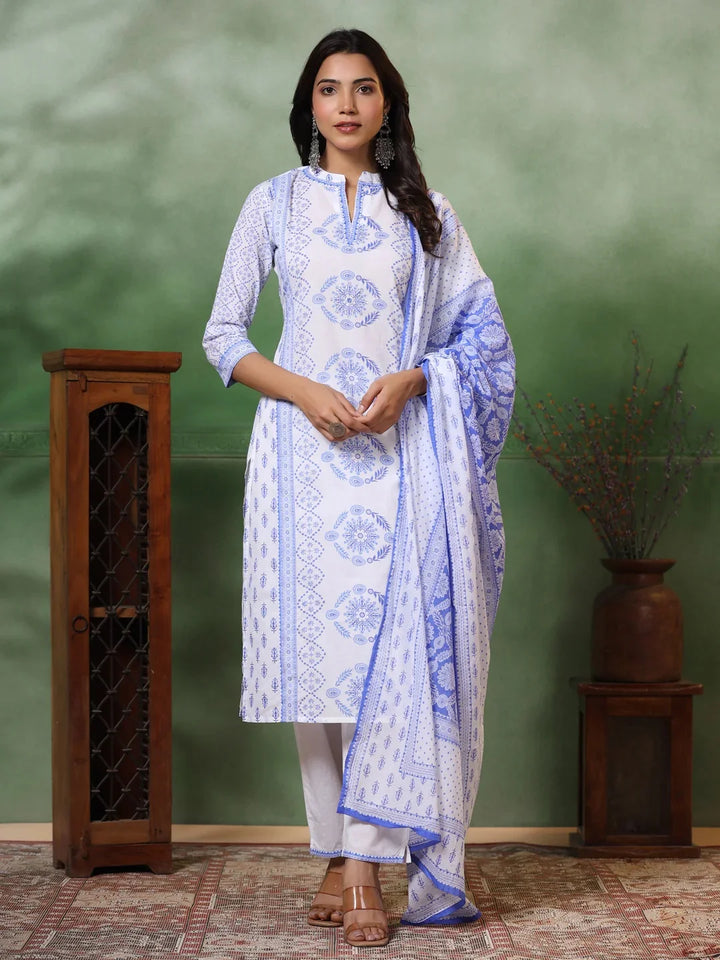 White & Blue Viscose Suit with Chanderi Dupatta – Printed Style
