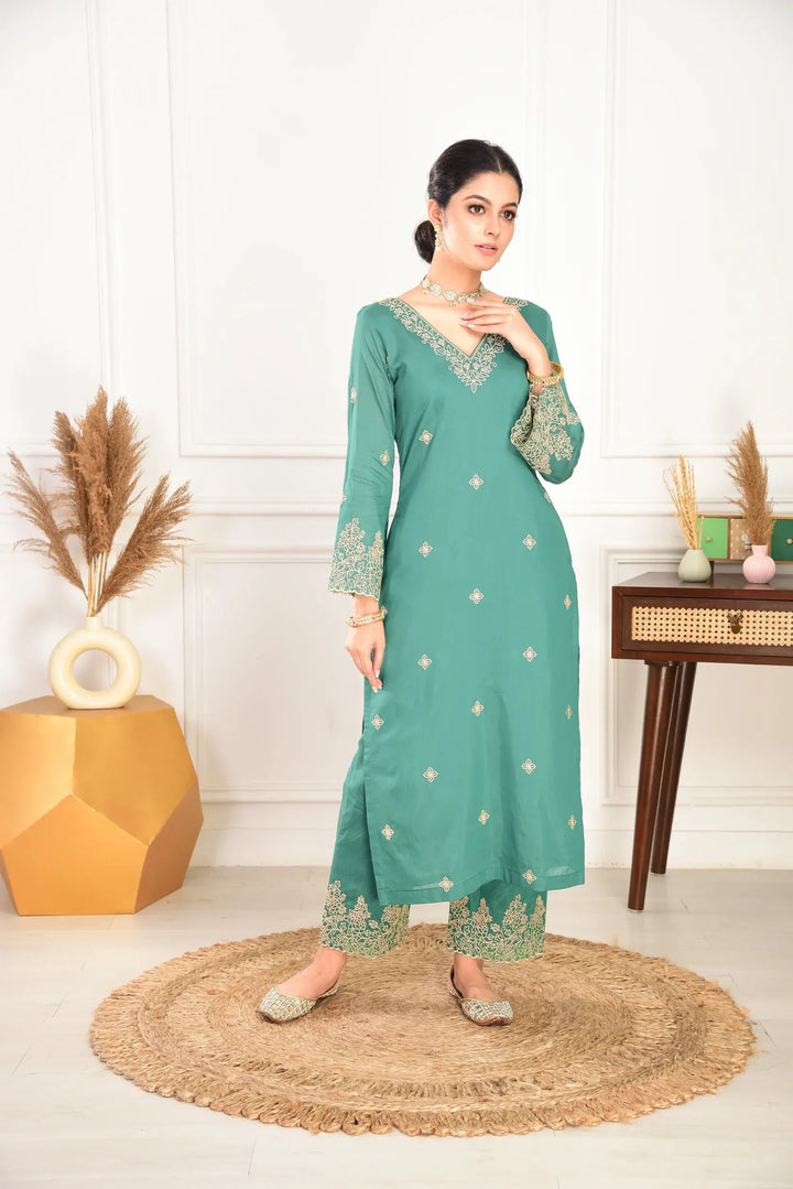 Sea Green Embroidered Viscose Chanderi Suit with Organza Dupatta