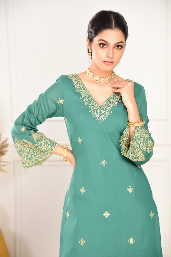 Sea Green Embroidered Viscose Chanderi Suit with Organza Dupatta