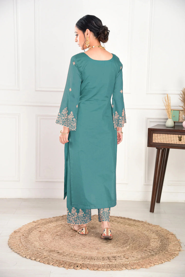 Sea Green Embroidered Viscose Chanderi Suit with Organza Dupatta
