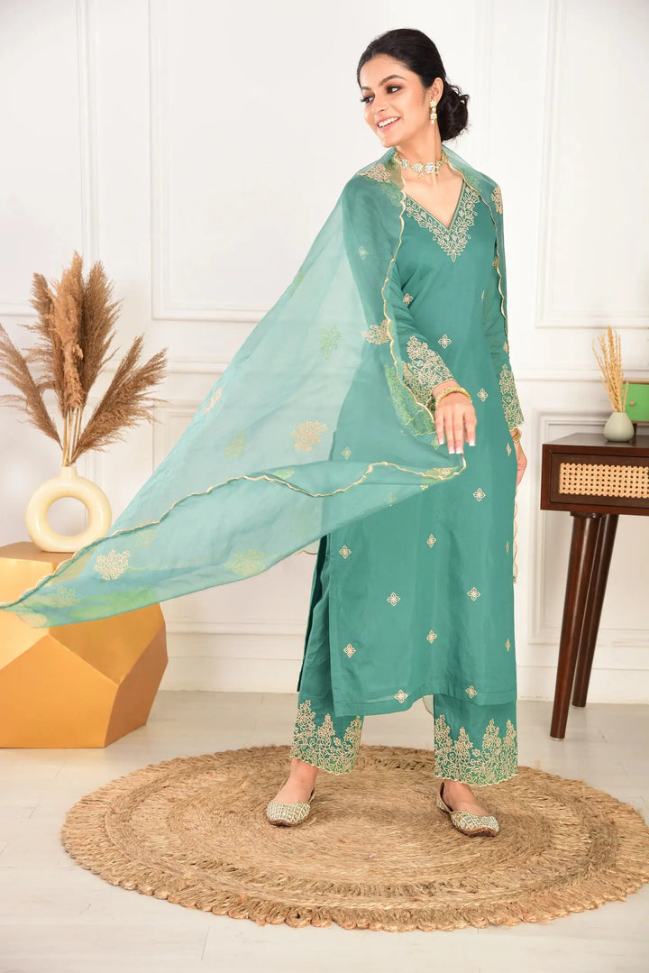 Sea Green Embroidered Viscose Chanderi Suit with Organza Dupatta
