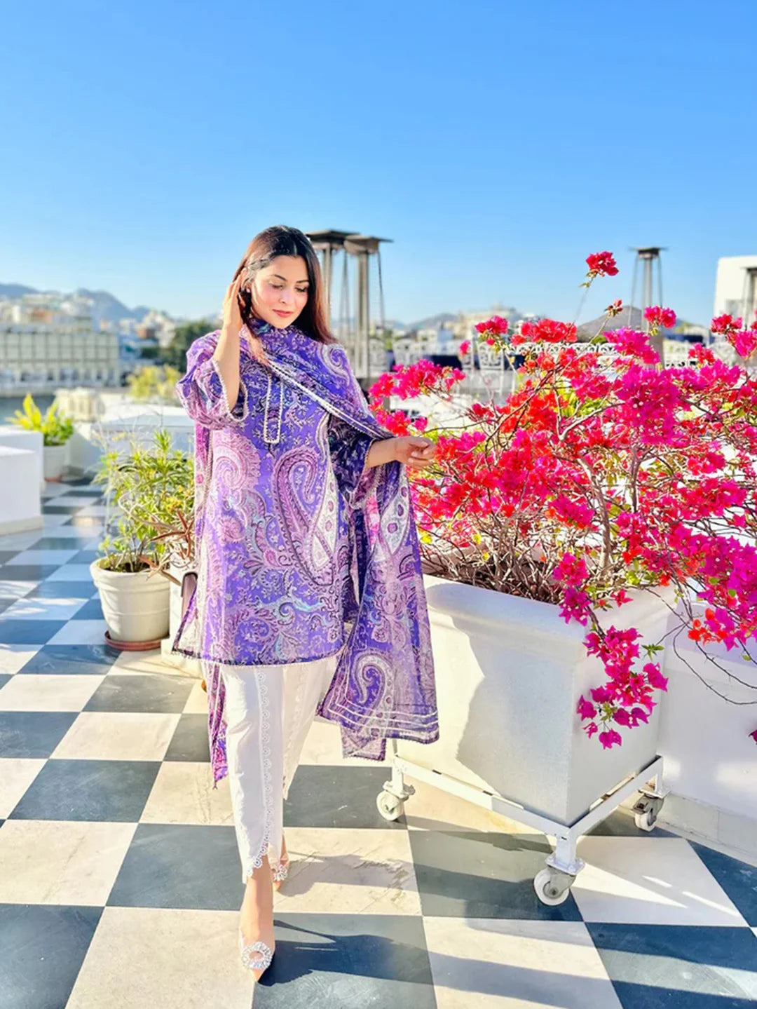 Purple Printed Salwar Kameez Set for Party Wear