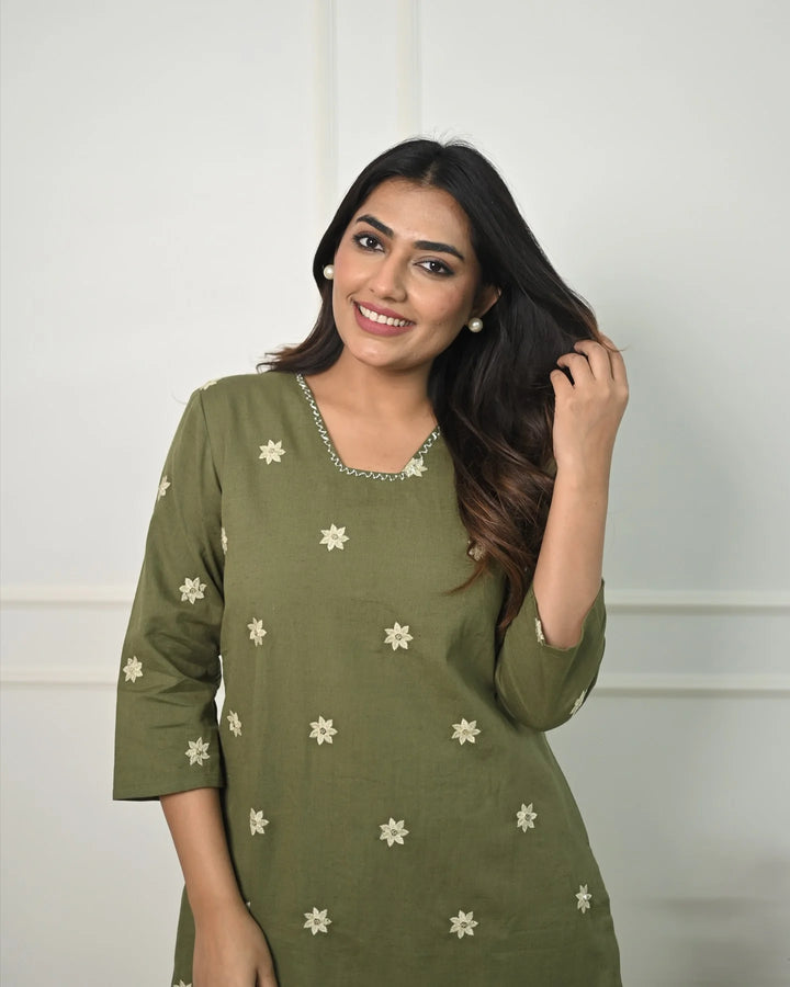 Designer Embroidered Mehndi Green Cotton Top & Bottom set