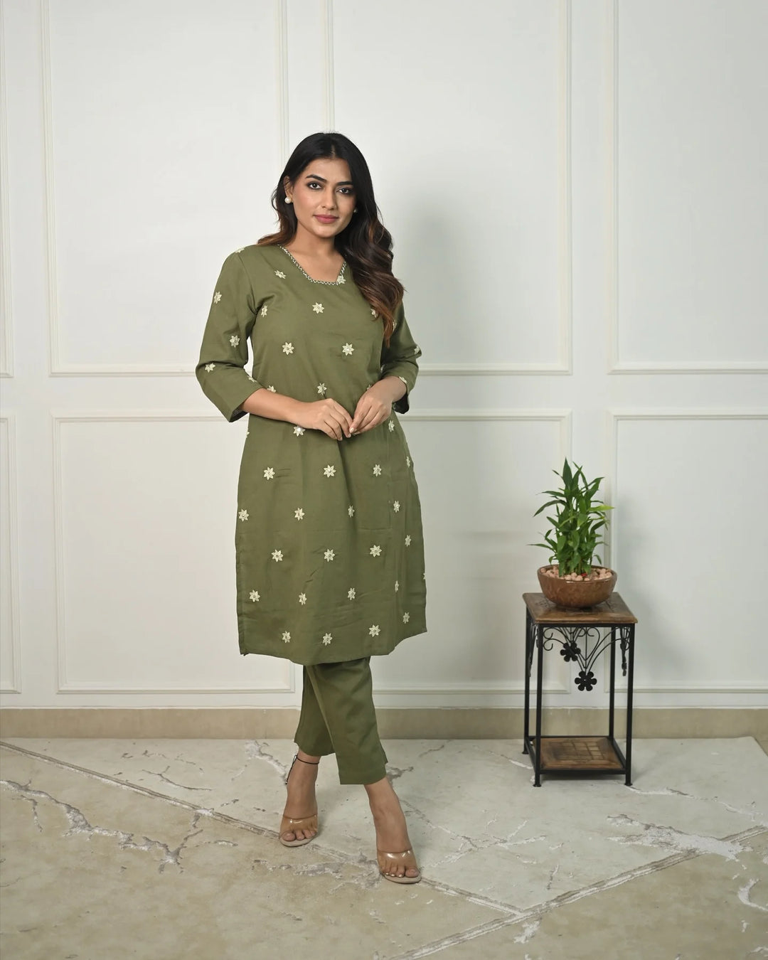 Designer Embroidered Mehndi Green Cotton Top & Bottom set