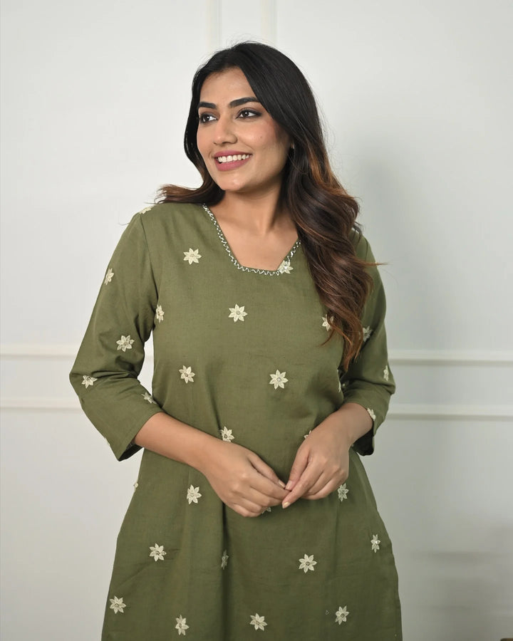 Designer Embroidered Mehndi Green Cotton Top & Bottom set