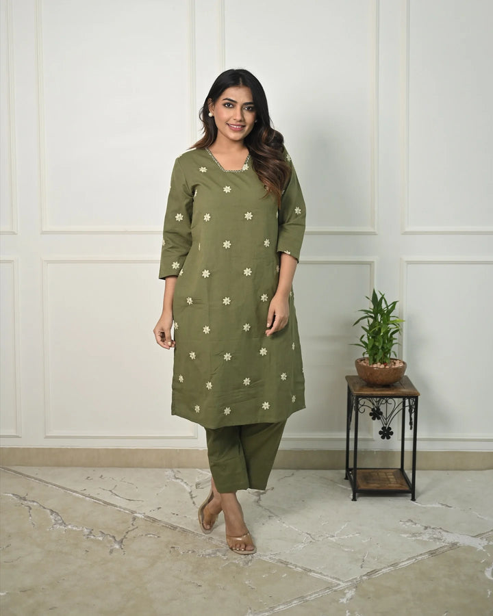 Designer Embroidered Mehndi Green Cotton Top & Bottom set