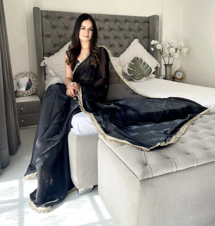 Glamorous Satin Saree with Sequins Embroidery & Lace Border