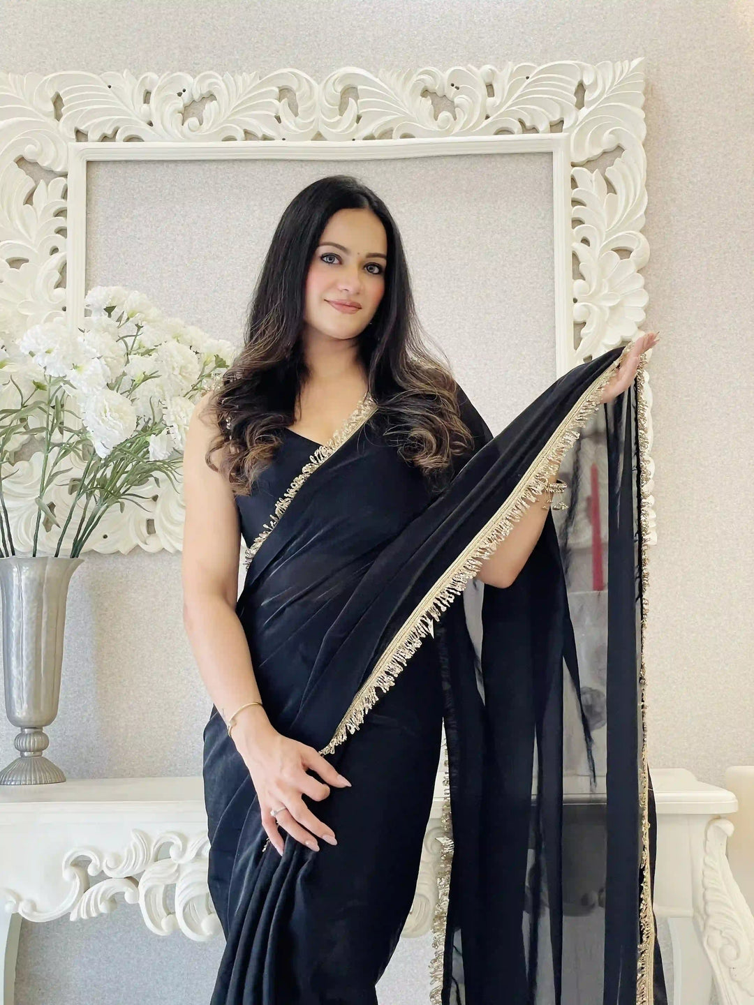 Glamorous Satin Saree with Sequins Embroidery & Lace Border