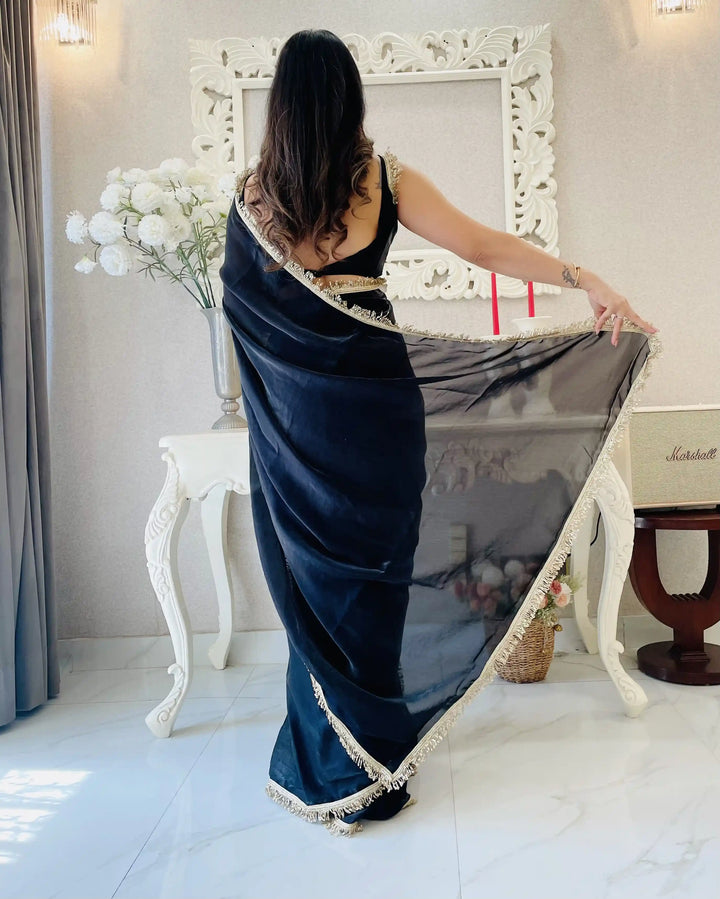 Glamorous Satin Saree with Sequins Embroidery & Lace Border