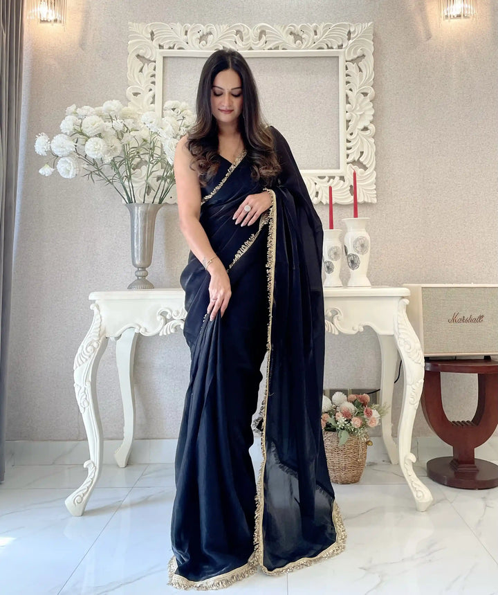Glamorous Satin Saree with Sequins Embroidery & Lace Border