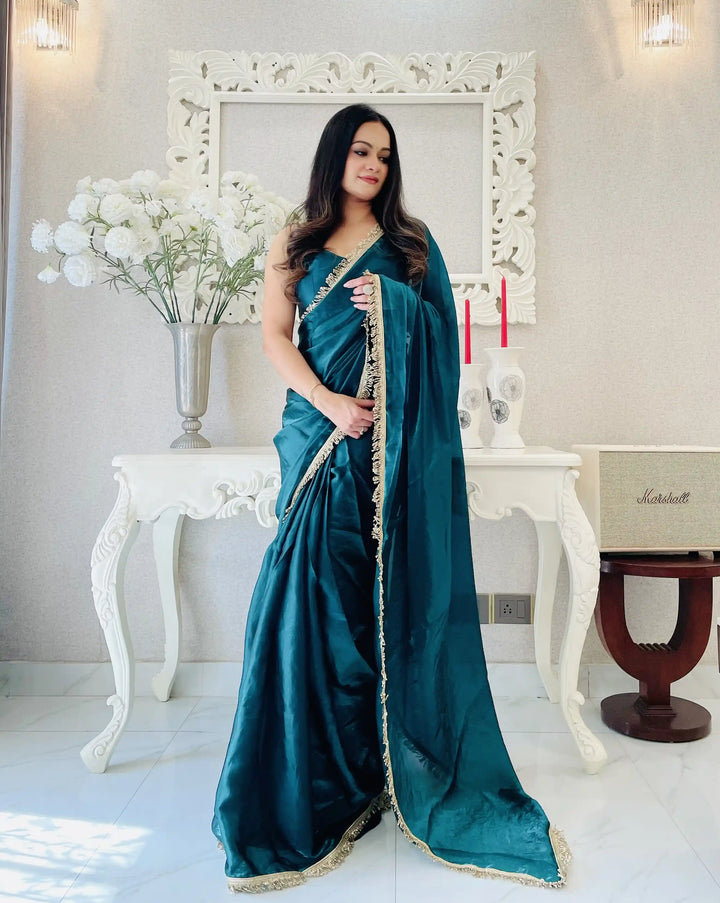 Glamorous Satin Saree with Sequins Embroidery & Lace Border