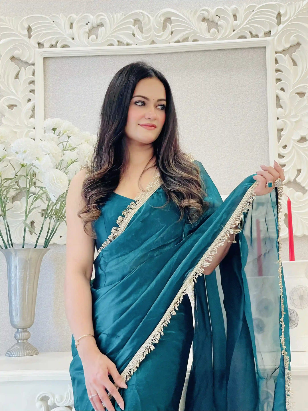 Glamorous Satin Saree with Sequins Embroidery & Lace Border