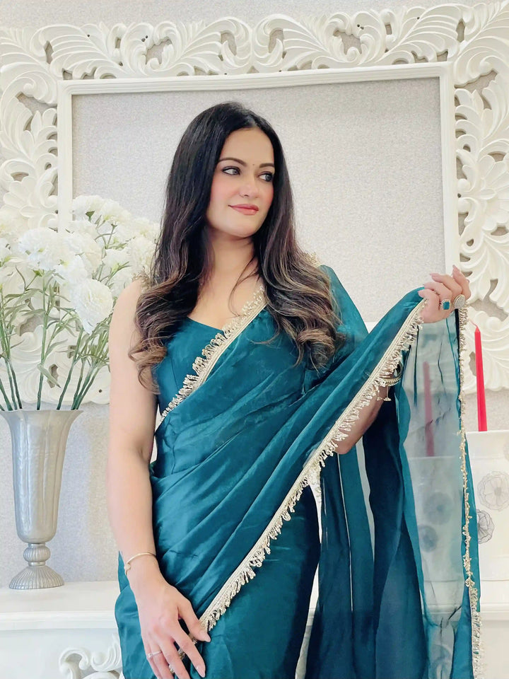 Glamorous Satin Saree with Sequins Embroidery & Lace Border