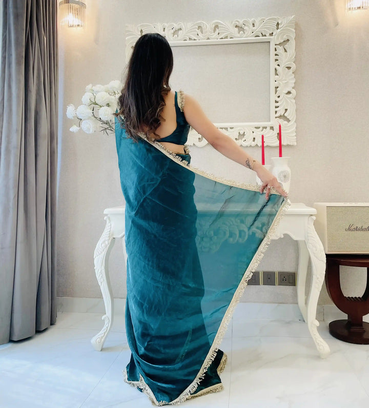 Glamorous Satin Saree with Sequins Embroidery & Lace Border