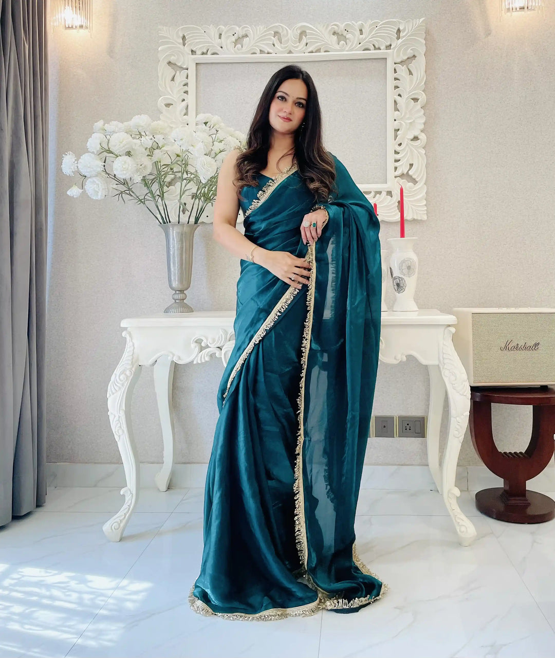 Glamorous Satin Saree with Sequins Embroidery & Lace Border