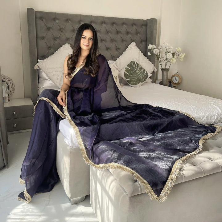 Glamorous Satin Saree with Sequins Embroidery & Lace Border