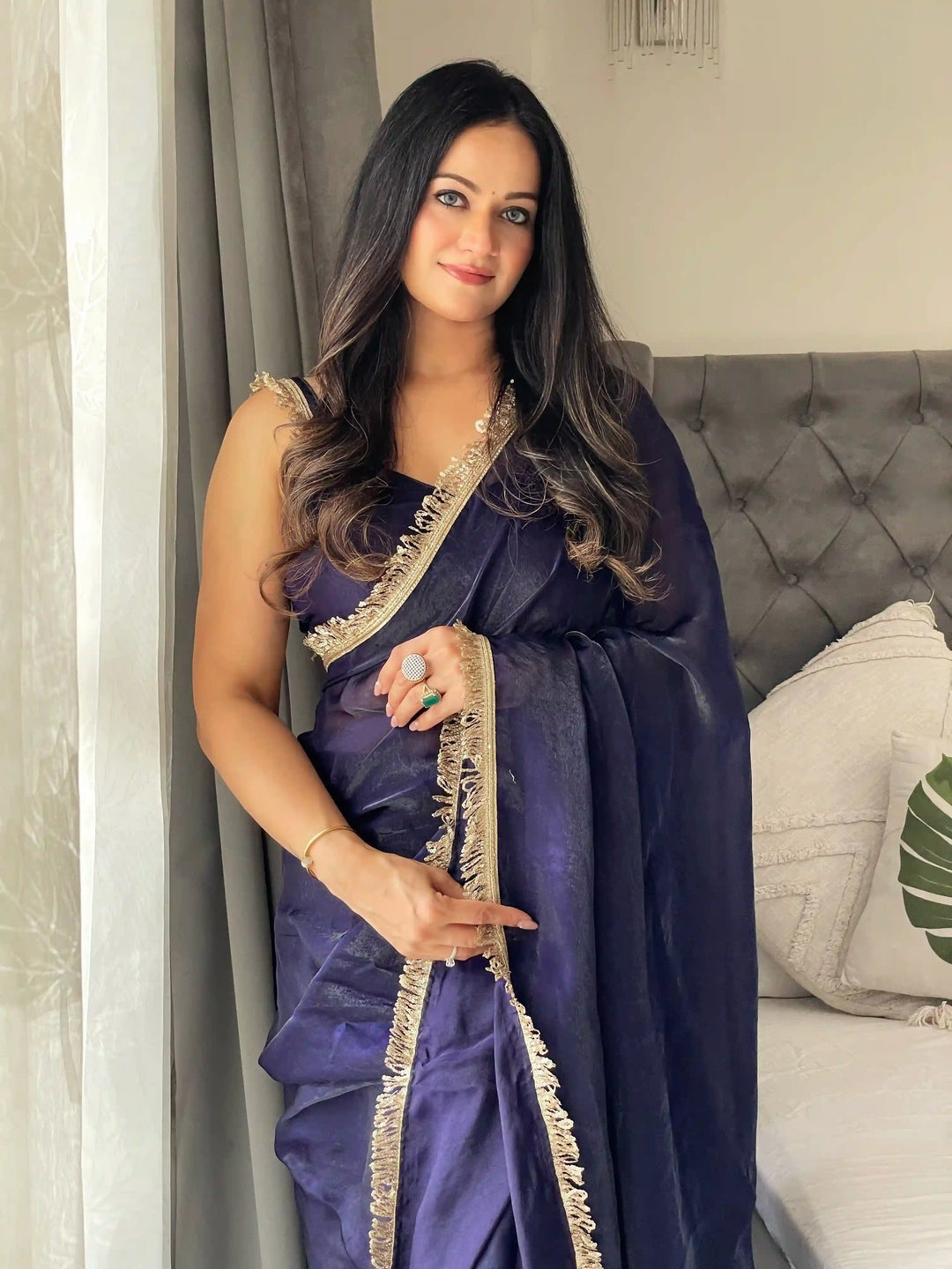 Glamorous Satin Saree with Sequins Embroidery & Lace Border