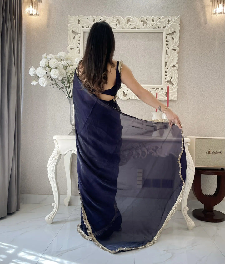 Glamorous Satin Saree with Sequins Embroidery & Lace Border