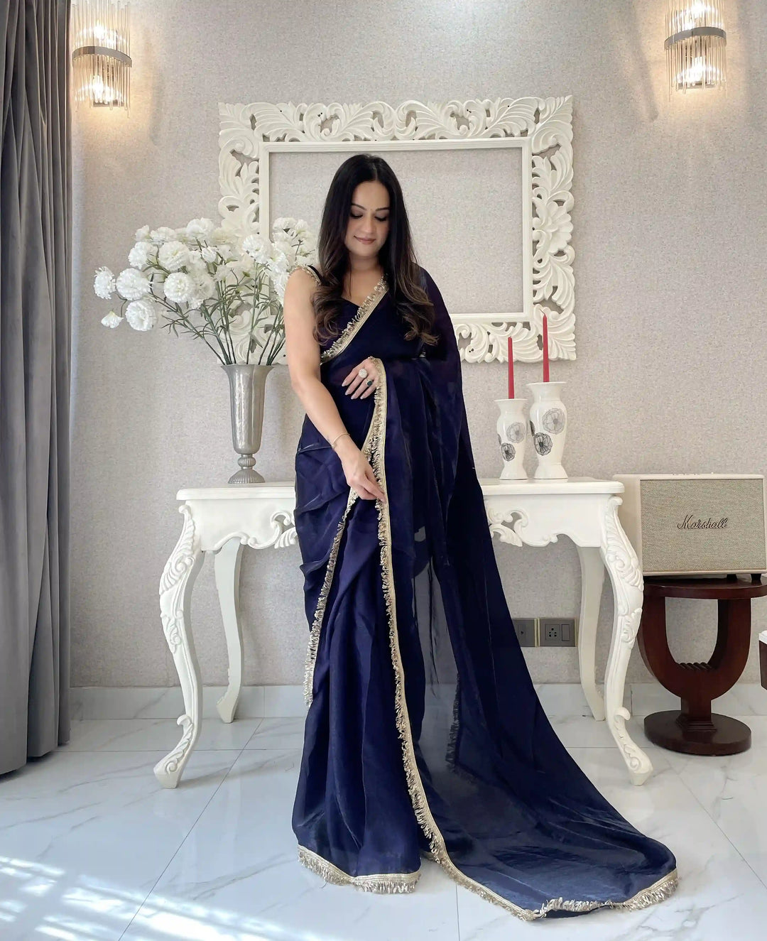Glamorous Satin Saree with Sequins Embroidery & Lace Border